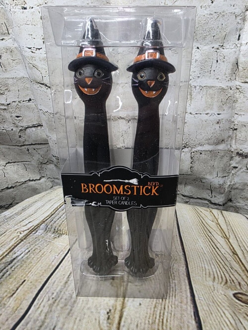 NEW Pair of Grinning Black Cat Witch Hat Candles Sticks Tapers Halloween Goth